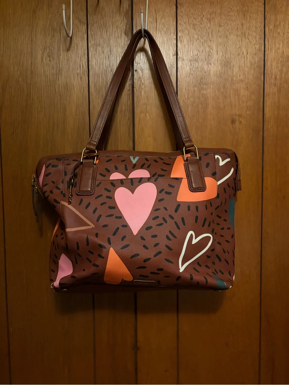 Fossil Jaqueline Tote Bag Large Brown with multiple hearts
